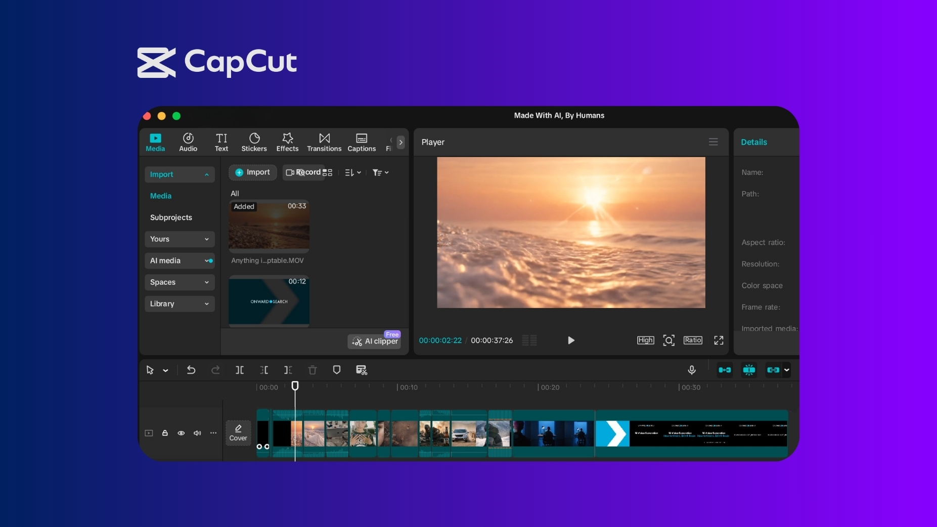 A CapCut interface displays a project titled “Made With AI, By Humans,” with video clips arranged on a timeline and a preview window showing a cinematic sunset scene over water. Panels on the left show imported media, and editing controls and tools are visible across the interface, indicating the process of assembling and refining the final video.