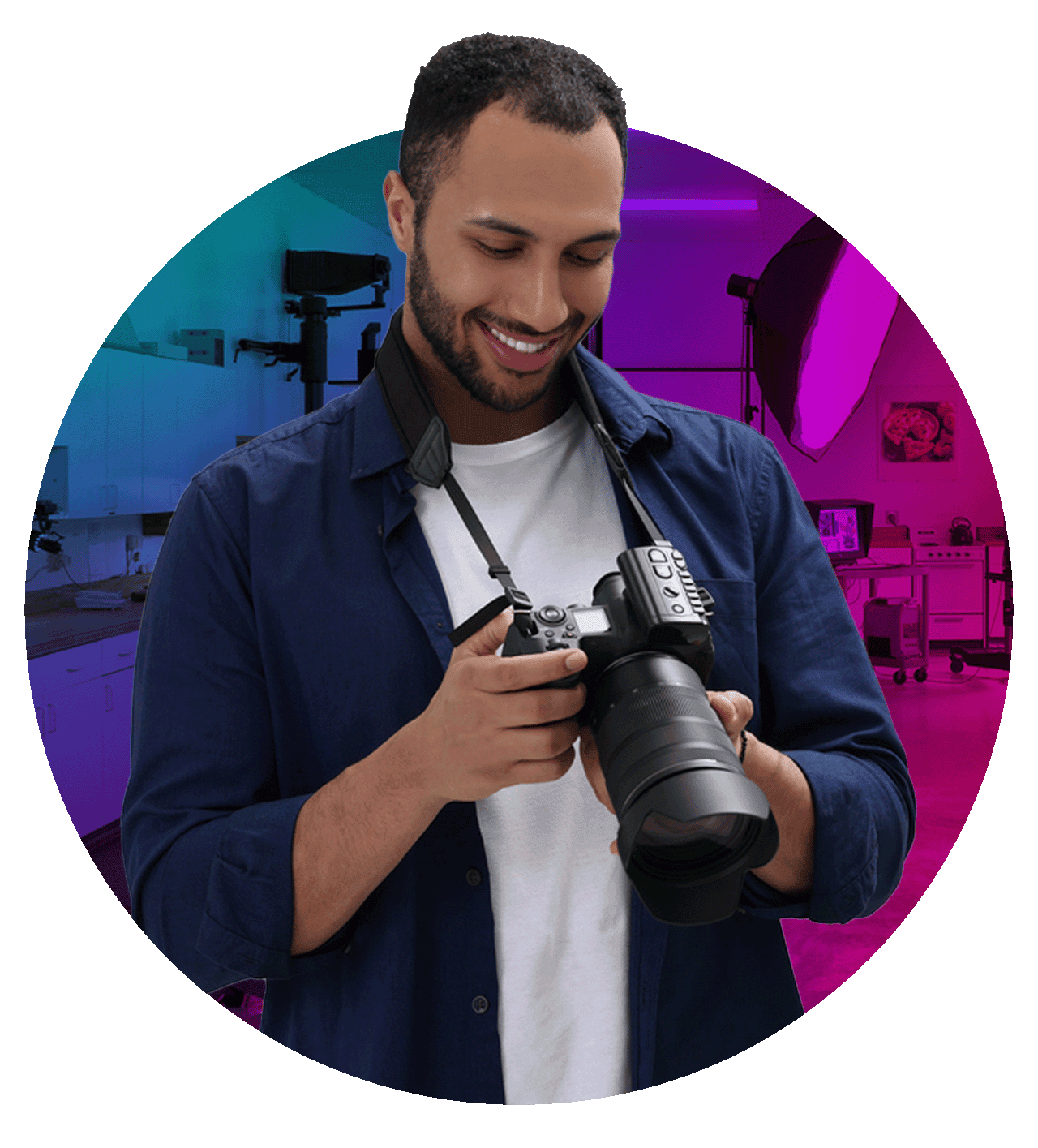 Creative professional holding camera with blue/pink gradient background