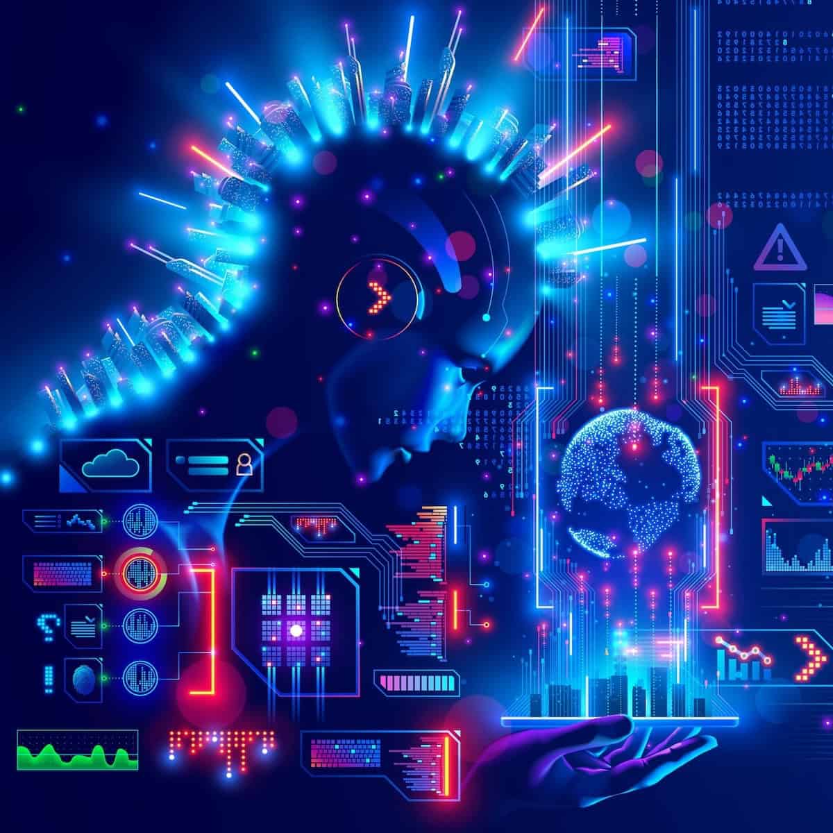 Digital AI in image robot woman holds phone in hand. Smart city on screen mobile smartphone communication with global internet and IOT. Artificial intelligence Processing Big Data and Cloud Computing.