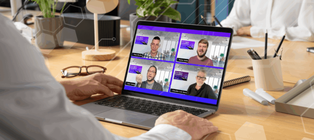 A person sits at a desk participating in a virtual panel discussion on a laptop. The screen shows four speakers in a grid layout, each with a banner reading “AI for Digital Accessibility” behind them. The speakers include Pete Bruhn, Dylan Isaac, Sam Gong, and Claudio Luis Vera.